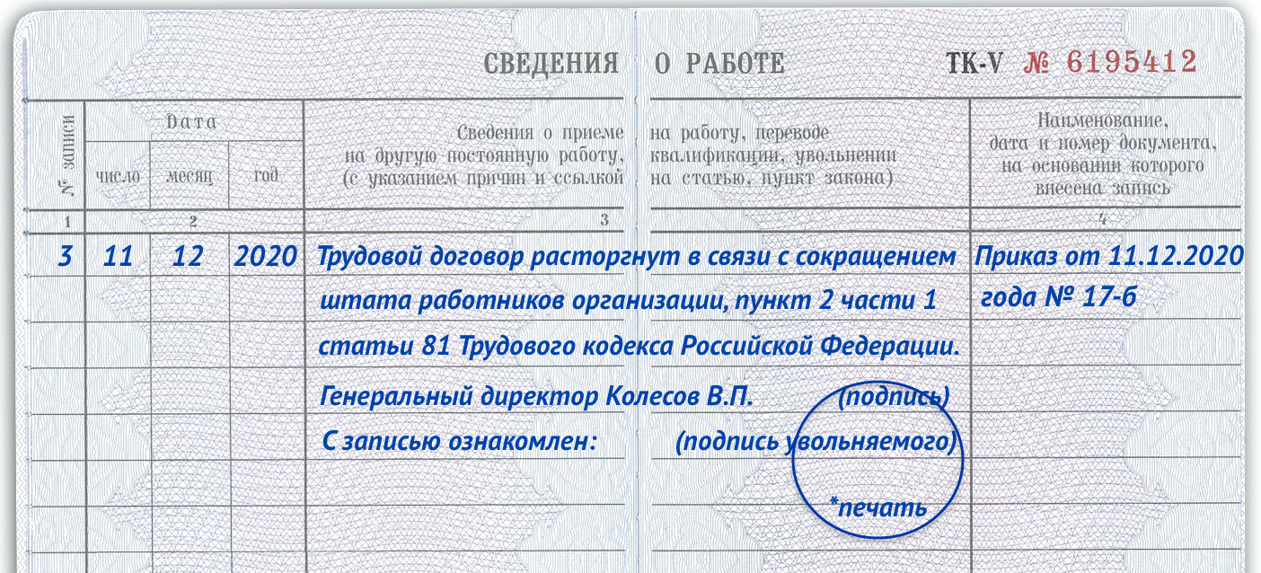 П 1 ч 1 ст 81 тк рф запись в трудовой книжке образец